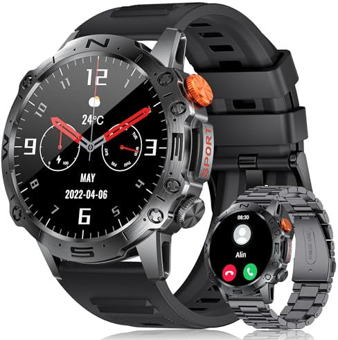 LIGE Smartwatch Herren Militär(Anrufe und Nachrichten) 1.43'' Amoled HD Touchscreen Fitnessuhr IP68 Wasserdicht Schrittzähler mit 110 Sportmodi/Schlafmonitor Aktivitätstracker für iOS Android