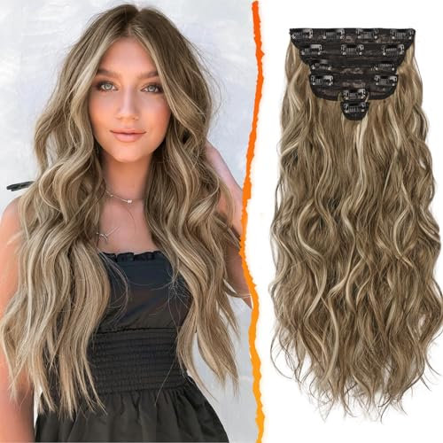 BARSDAR Clip-in Haarverlängerung, 6PCs Lang Wellig Highlight Balayage Haarteil 50CM Voller Kopf Dickes Synthetisches Clip Haarextension Für Damen (Aschbraun & Blond)