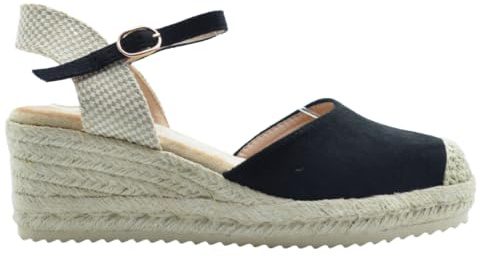 Benavente – Cuñas Mujer Esparto Abril Negro | Alpargatas Cuña Mujer Media 4 Cuerdas Con Hebilla Al Tobillo | Plantilla Memory Foam Y Gel | Punta Cerrada Y Talón Destalonado