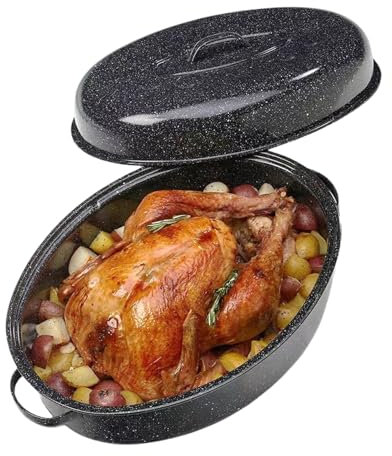 19” Turkey Roasting Pan Enamel Oval Granite Large Roaster Pan with Lid with 17in Inner Diameter Large Capacity Suitable for Thanksgiving Enamel Cook Ware Dishwasher Compatibility Oven Christmas Gift