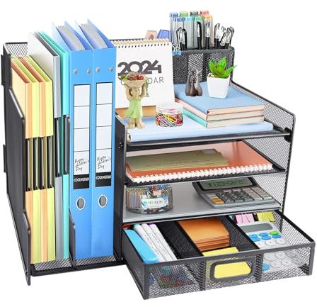 HMXLJJY Organizador de escritorio con soporte de malla para archivos, suministros de oficina de 4 niveles, organizadores de escritorio y accesorios con cajones deslizantes y soporte para bolígrafos