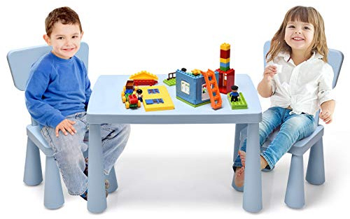 GOPLUS Barnsittgrupp av plast, barnbord med 2 stolar, stol med ryggstöd, med rundade kanter, för pojkar och flickor, för barnrum (blå)