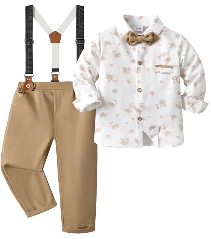 Volunboy Conjunto de Boda Trajes para Bebé Niños, Algodon Camisa con Pajarita + Tirantes Pantalones 4 Piezas Ropa(3-4 años,Caqui Oscuro,Tamaño 110)