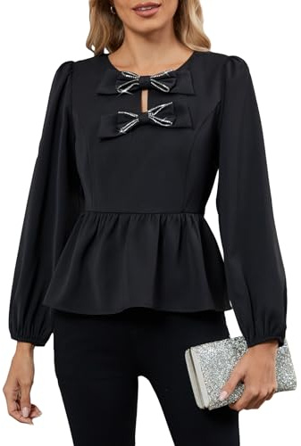 Women Rhinestone Sparkly Tops with Bow Formal Elegant Evening Cocktail Party Blouse Crewneck Puff Sleeve Peplum Shirt, Black, L