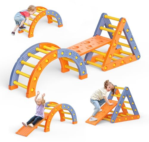 Montessori - Set di telaio da arrampicata per interni, con arco, multifunzionale, per interni (struttura triangolare da arrampicata + semicerchio + scivolo)