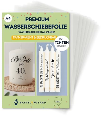 BastelWizard Pellicola scorrevole ad acqua di alta qualità, trasparente, 10 fogli A4, per stampanti a getto d'inchiostro, perfetta per tatuaggi a candela e fai da te, pellicola a getto d'inchiostro