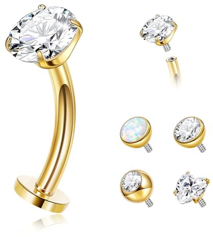 YOVORO 14G G23 Pure Titanium Floating Belly Button Ring for Women Flat Back Petite Belly Navel Ring Hypoallergenic Internally Threaded Navel Ring with Opal CZ Replacement Ball Belly Piercings Jewelry Gold 16MM