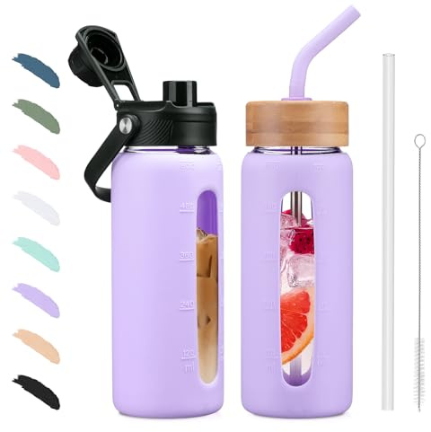 BLUEGO 600ml Glass Water Bottle with Straw and 2 Lids Glass Coffee Cup with Time Marker and Silicone Protector Glass Tumbler for Beverages Soda Cola BPA Free, Purple