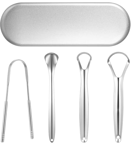 4 Pcs Raspador de Lengua, Tongue Scraper, Limpiador de Lengua Metálico, Limpiador Lenguas, Raspadores Lingua para Adultos Mujeres Hombres, Cuidado Bucal y Aaliento Fresco(con Estuche) (plata)