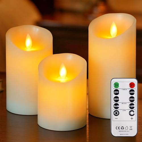 Mavandes Velas LED pilar sin llama con control remoto y temporizador, Cera real, Mechas móviles, Marfil, funcionan a batería, duraderas, paquete de 3 parpadeantes (7,5cm x 10cm, 12,5cm, 15cm)