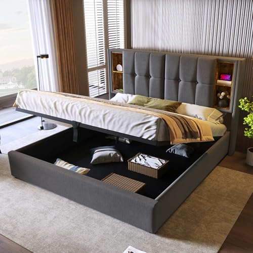 Super King Size Ottoman Bed with Hydraulic Lever & Storage Headboard, 6ft Upholstered Platform Bed Frame with USB Tyep-C Wireless Charging, Gas Lift Up Fabric Storage Bed with Slats, Grey,No Mattress