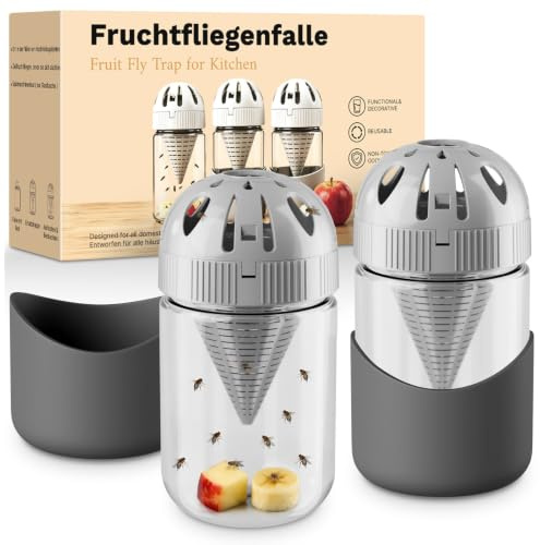 2-pack fruktflugfälla i glas, flyktsäkert lock inomhus flugfångare observerbar effektiv mot flugor återanvändbara levande fällor för hem kök användning, grå