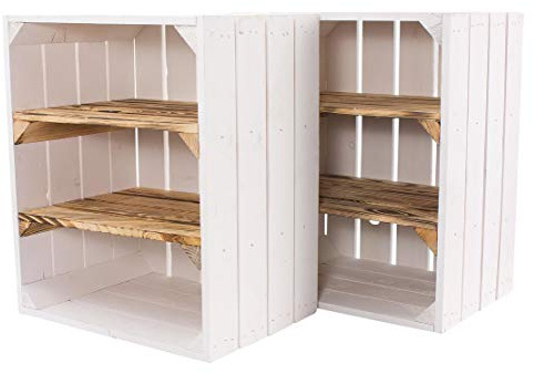 moooble 2 cajas de madera blancas con 2 tablas centrales flameadas horizontales 50 cm x 40 cm x 30 cm cajas de fruta caja de vino con estantes intermedios flambeados estantería de pared natural jardín
