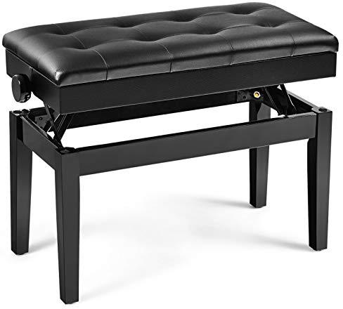 GOPLUS 45-54CM Banquette de Piano à Hauteur réglable, 2 Places, en Bois Massif, avec Coussin Doux en Cuir, Fonction de Stockage, 75 X 35 X 45-54CM, Noir