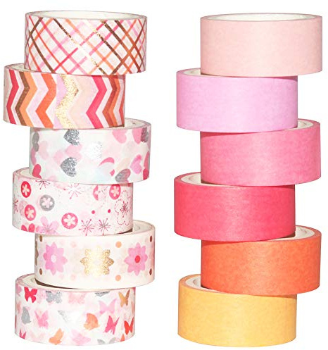 YUBBAEX Pink Washi Tape Set Silver Decorative Masking Tape Scrapbooking Tape for DIY Art & Crafts and Gift Wrapping Holiday Decoration Office,15mm x 3M (Pink Mix)