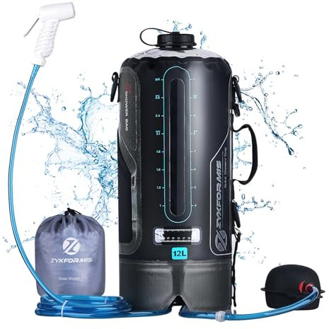 Zyxformis Ducha portatil Camper Ducha Solar para Acampar Bolsa de TPU de 12L/ 20L con Manguera Larga extraíble Bomba presión Boquilla Pantalla de Temperatura