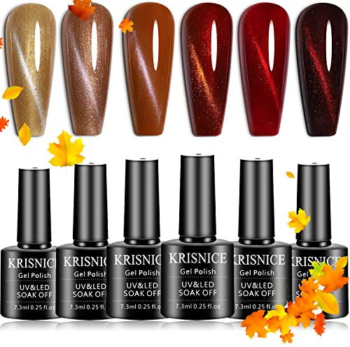 KRISNICE 3D Magnet Cat Eye Gel Lack Set 6 Farben Herbst- und Winterfarben, Gold, Rot, Braun, Frühling Farben, Soak Off UV Gel, Valentinstag Set, 1 Stück Magnetstab (KMY6-004)