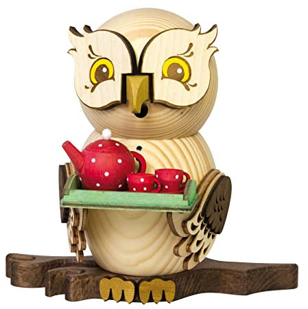 Kuhnert Drechslerei Rauchfigur/Räucherfigur - Eule mit Teeservice aus Massivholz - ca. 15 cm - Made in Germany