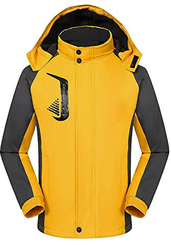 Wasserdichte Damen-Skijacke, warmer Winter-Schneemantel, Windjacke, mit Kapuze, durchgehender Reißverschluss, gelb, 50