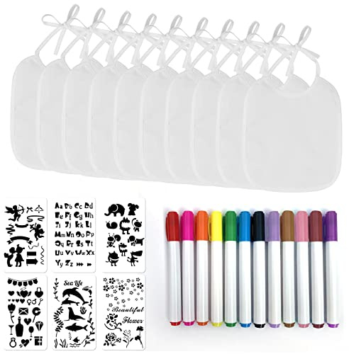 Idota Haklapp måla baby party 10 stycken, babyhaklapp för målning med 12 färgade färgade textilpennor och 6 målningsmallar, idéer baby shower mal Anders babyparty spel pojke flicka, Vit, S