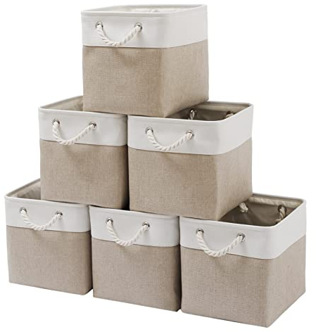 MidmmVick 11 x 11 Inch Cube Storage Bins, 6 Pack Large Collapsible Fabric Storage Bin with Ropes, Foldable Storage Cubes for Home, Office,Closet, Clothes, Toys Organizer (White & Beige-11x11x11)