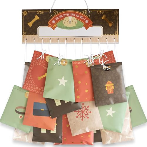 Papierdrachen Calendario dell'Avvento 2025 con cani, sacchetti di carta da riempire, in 4 motivi, con adesivi, idea regalo fai da te, animale domestico, con gancio