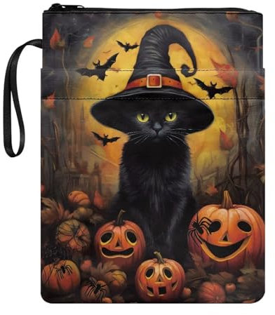 NETILGEN Hexe schwarze Katze Kürbis Buchhülle Schutz mit Reißverschluss und Fronttasche Stifthalter, Buchliebhaber Geschenke, waschbarer Stoff Buchschutz Abdeckung Taschenbuch Buchhülle