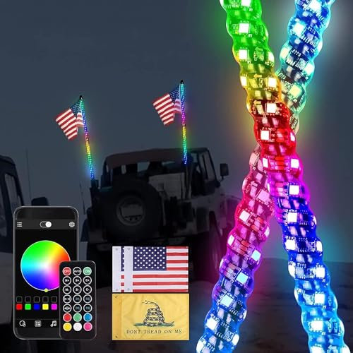 MaiBuL LNNW Fouet de Chasse LED RVB en Spirale de 3 Pieds, Fouet d'antenne éclairé avec télécommande et contrôle par Application (2 pièces) pour camions,Dune Buggy Tout-Terrain