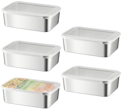 WIYETY Boite Alimentaire Acier Inoxydable: 5 Set 1100ml Boite Conservation Alimentaire avec Transparent Couvercle, Anti Odeur Boîtes Alimentaires, Boite Hermetique Alimentaire pour Fours, Micro Ondes