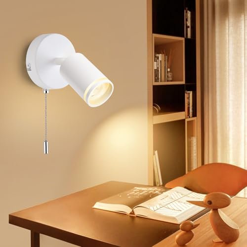 GeyouLux Wandleuchte mit Schalter - GU10 Wandlampe mit Seilzugschalter Innen Weiß Led Wandstrahler - Vintage Wandspot Drehbare 350°für Wohnzimmer Schlafzimmer Büro Ohne Glühbirne