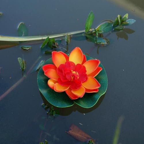 Fleur de lotus artificielle flottante en mousse avec coussin de nénuphar - Plantes artificielles pour étang de jardin, aquarium et piscine - Orange