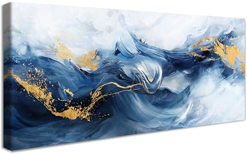 Marco de Madera Grandes Cuadros Decoracion Salon Modernos Lienzo Decorativo Acuarela Abstracta Pintura Imagen Ola de Mar Azul Marino Dorado Cuadros Decorativos Salon Dormitorio Pasillo 50x120cm