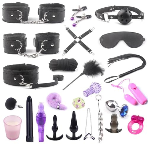 Bõndägë Set Set bondage sadomaso da 25 pezzi con manette in pelle, perline anali, plug coda e anelli vibratori per pene Per Giochi per adulti.