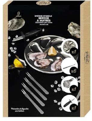 WDMT Juego completo de ostras de 9 piezas, incluye cuchillo de ostras, exprimidor, cuenco y chispas para servir – Lujoso set de regalo – Plata