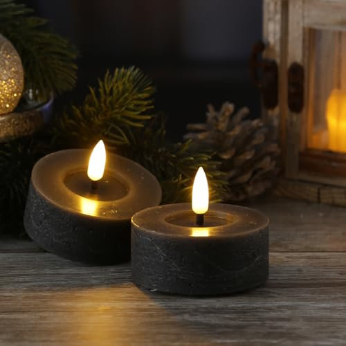 MARELIDA LED Maxi Teelicht in Rustik Optik mit Echtwachs, leicht flackernder Flamme und Timer-Set (2 Stück Groß)