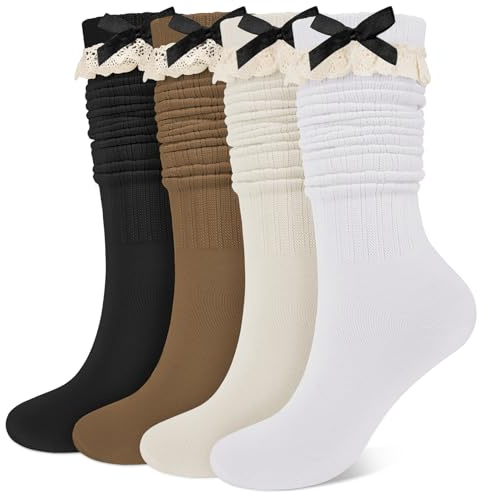 Beaulov Slouch Socks for Women Long Knee High Socks with Frilly Lace Ruffle Soft Calf Length Boot Sock Stretchy Stacked Slouchy Sock (Black, white, khaki & beige)