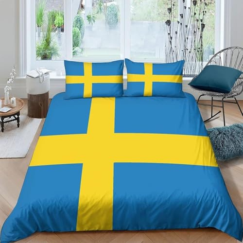 Sveriges flagga enkel påslakanset 3D-tryckt nationell flaggtema 3 st bäddset mjukt borstat mikrofiber påslakan 160 x 200 cm med dragkedja för tonåringar och vuxna med 2 örngott d. 381