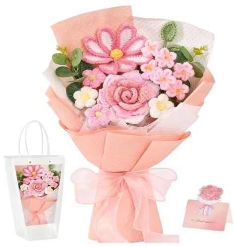 Wxeadu Bouquet di fiori all'uncinetto, fiori romantici lavorati a maglia, bouquet di fiori realistici, bouquet fatto a mano di F per anniversario, laurea, decorazione della casa e matrimonio (rosa)
