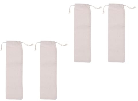 ERINGOGO Lot de 4 Pochettes de Rangement Réutilisables en Coton Lin Beige 25X8 CM Cordon de Serrage Paquet Écologiques pour Pailles Couverts et Accessoires Maison Voyages