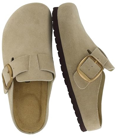 CUSHIONAIRE Rusty Genuine Leather Clogs for Women, Comfortable Slip On Womens Shoes with Adjustable Buckle and Soft Memory Foam, Beige 9