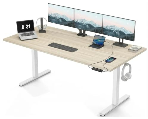 HUANUO Bureau Assis Debout 160x80cm avec Port de Charge USB-C et USB-A, Hauteur réglable de 72 à 118 cm, 4 préréglages de mémoire, Gestion des câbles et Crochet