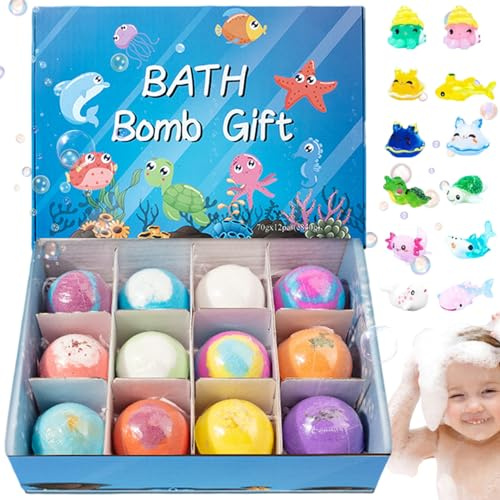 Juego de 12 bombas de baño con juguetes en el interior, bombas de baño de 2 pulgadas con lindos juguetes de animales, suministros de de burbujas coloridas y gaseosas seguras para niños, azul