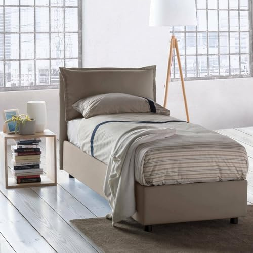 Talamo Italia - Einzelbett Carolina, Bettkasten mit Stoffbezug, 100 % Made in Italy, Öffnung vorne, inklusive Matratze 80 x 190 cm, Taupe