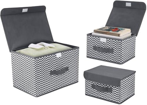 DIMJ 3 Pack Foldable Storage Boxes with Lids Collapsible Bin with Handle Fabric Basket Wardrobe Organiser Box for Clothes, Toys, Books, Closet, Bedroom, Home