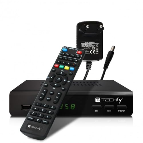 Techly 360974 Decoder Ricevitore Digitale Terrestre DVB-T/T2 H.265 HEVC 10bit Metallo con Telecomando Universale 2 in 1 con Alimentatore 12V Nero