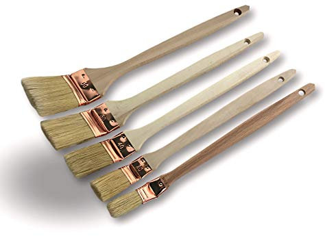 Lot de 5 pinceaux plats tête coudée pour peinture radiateurs | Largeur 20-30-40-50-60 mm | Soie blanche | Virole cuivrée | Manche bois | Angles volets coins tuyaux accès difficile | Kibros 340P_x5div