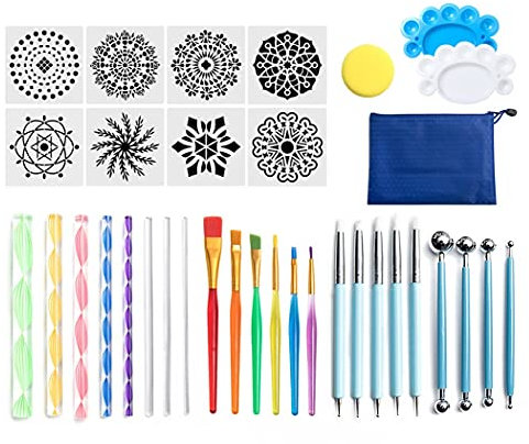 SIPLIV Mandala prickverktyg set mandala stencil boll stylusborste akryl stav färg bricka set för stenar tyg vägg nagel konst målning färgläggning ritning utkast - 35 st