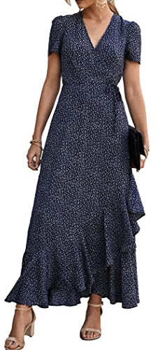 PRETTYGARDEN Women's Boho Floral Maxi Dress Summer Short Sleeve Wrap V Neck Long Flowy Beach Vacation Wedding Guest Dresses (Blue,X-Large)
