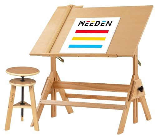 MEEDEN Wood Drafting Table & Stool Set,Artist Stool and Craft Table with Adjustable Height,Tiltable Tabletop for Artwork, Graphic Design, Reading, Writing