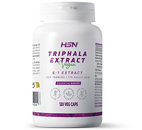HSN Extracto de Triphala 1000mg por dosis diaria (Amla, Behada, Harada) | 120 Cápsulas Vegetales | 50% Taninos y 11% Ácido Gálico | Materia prima: Myroblex® | No-GMO, Vegano, Sin Gluten